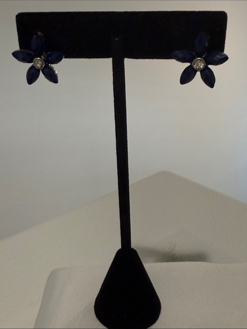 Navy Blue Flower Stud Earrings with Crystal Center